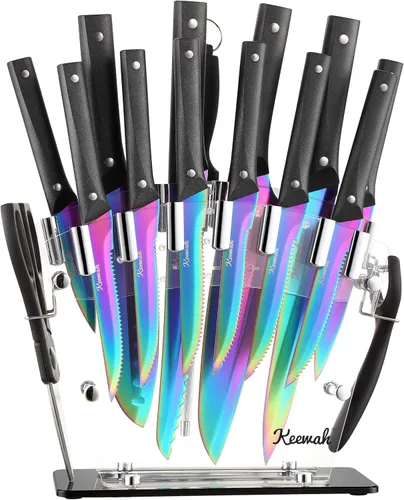 Miniatura 8 de Juego de cuchillos Keewah, juego de 16 piezas de cuchillos de cocina con soporte de acrílico, dorado