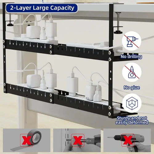 Miniatura 5 de Bandeja extensible de 31 pulgadas para organizar cables debajo del escritorio, bandeja de gestión de cables de metal debajo del escritorio