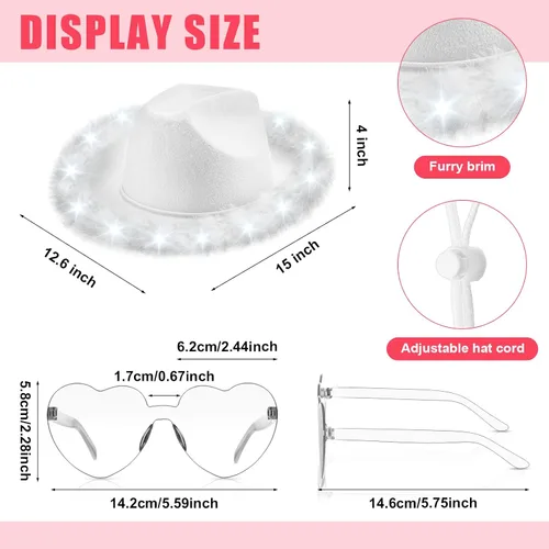 Miniatura 2 de Zhanmai 6 Pieces Cowgirl Light up Hat with Feather Boa, 6 Pieces Heart Sunglasses Set for Girls Bachelorette Costume Party