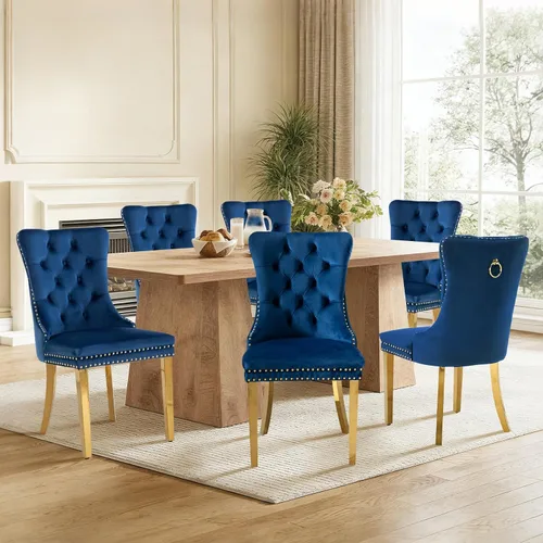 Miniatura 13 de Juego de 4 sillas de comedor de terciopelo, sillas de comedor tapizadas con ribete de cabeza de clavo y patas de madera maciza para cocina