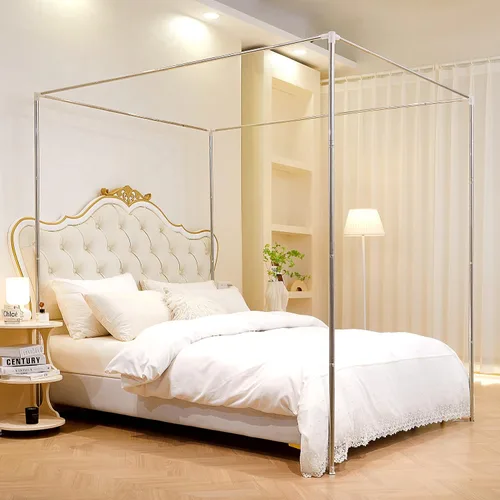 Miniatura 7 de Marco de Cama con Dosel de Acero Inoxidable Tamaño Individual, Marco de Cama de Postes Gruesos y Resistente para Cama de Metal o Madera, Decoración