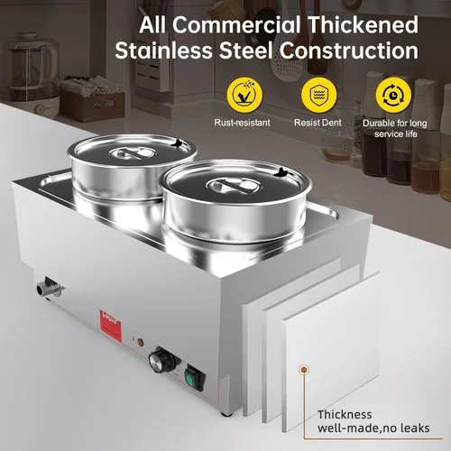 Miniatura 5 de Valgus Calentador de alimentos comercial de acero inoxidable Bain Marie, 2 ollas redondas, calentador de sopa eléctrico con tapa y grifo