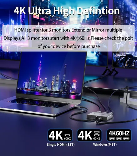 Miniatura 2 de Adaptador USB C a 3 × HDMI Divisor HDMI 4K60Hz Pantalla extendida Hub MST de 1 en 3 salidas con PD de 100 W para múltiples monitores convertidor