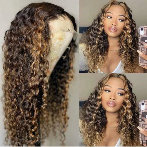 Miniatura 10 de Pelucas de cabello humano rizado de color rubio degradado 1B/27 de densidad del 180% para mujeres negras, pelucas de encaje de cabello humano HD