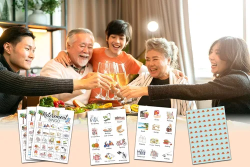 Miniatura 4 de Tarjetas de bingo de jubilación, juego de jubilación para 24 jugadores, actividades de oficina para familiares y amigos, suministros de regalos