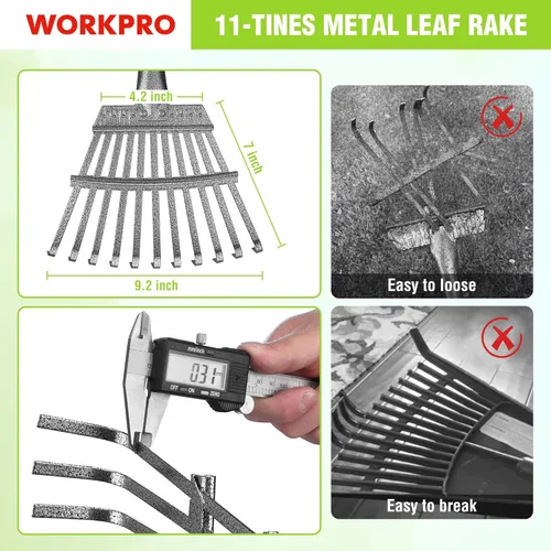 Miniatura 4 de WORKPRO Rastrillo, rastrillo pequeño para hojas con mango largo ajustable de 72 pulgadas, 11 púas de acero, rastrillos de hojas de metal resistentes