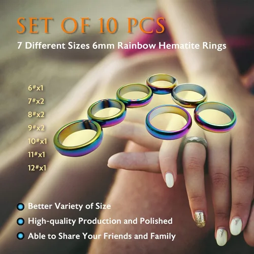 Miniatura 15 de Morchic - Anillos unisex de piedras de hematita, para equilibrar ansiedad, chakra raíz, (paquete de tamaños mixtos)