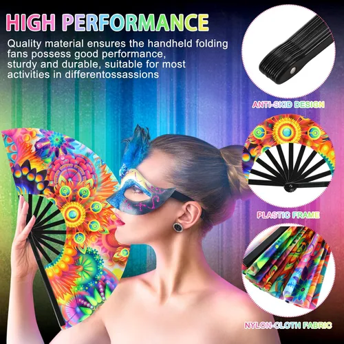Miniatura 4 de Blulu 4 abanicos de mano plegables grandes de 13 pulgadas, abanicos gigantes que aplauden para rave, plegables para decoración de fiestas de baile