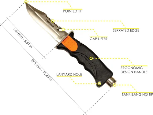 Miniatura 3 de Cressi Borg, cuchillo de hoja larga para buceo y pesca submarina - Punta puntiaguda y roma