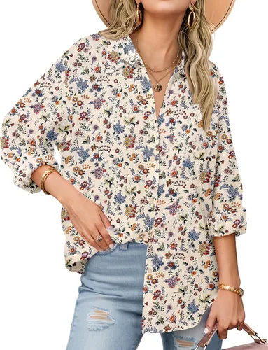 Miniatura 12 de Zeagoo - Blusas de lino con botones para mujer, de gasa, algodón, manga larga, blusas informales con cuello, corte holgado