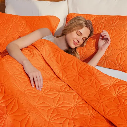 Miniatura 3 de Juego de ropa de cama Whale Flotilla King, colchas suaves de color naranja para cama tamaño King, 3 piezas de colcha geométrica ligera