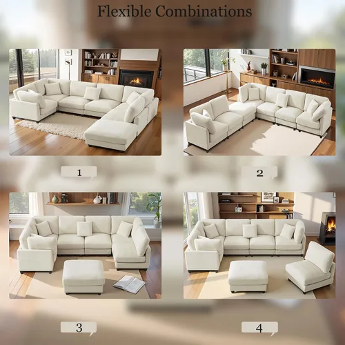 Miniatura 8 de Sofá modular de 117 pulgadas, sofá modular de felpilla en forma de U con otomana móvil, moderno sofá modular de 7 asientos para sala de estar, Beige