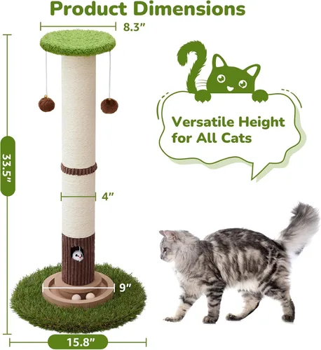 Miniatura 2 de Woochpet Poste rascador de gato de 34 pulgadas de alto con juguete de pista de bola para gatos, resistente y grueso, poste rascador de sisal natural