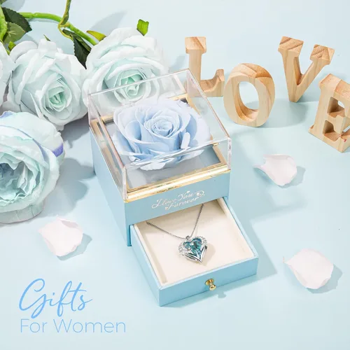 Miniatura 2 de NEWNOVE Rosa real preservada en color azul claro con collar de ángel, regalos de aniversario y cumpleaños para mujeres, esposa, novia, mamá, ideas