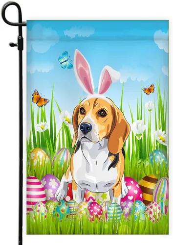 Beagle Happy Easter Day Holiday Flag Funny Dog Wear Bunny Ears Headband Cute for Home Decor (12" x 18") USA Garden Flag Premium Decorative Yard