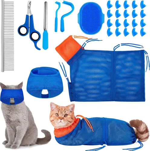 Miniatura 10 de Juego de 9 Piezas de Bolsa de Baño para Gatos, Bolsa de Ducha para Gatos Anti Mordeduras y Arañazos para Aseo de Mascotas, Cepillo de Lavado, Peine