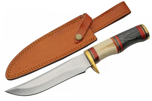 SZCO Supplies 203456 - Cuchillo de caza para exteriores con mango de hueso y madera, con funda de cuero, 11.5 pulgadas de longitud