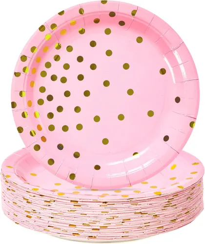 Miniatura 11 de Suministros de fiesta en blanco y oro rosa, platos de postre de papel con puntos dorados (50 unidades)