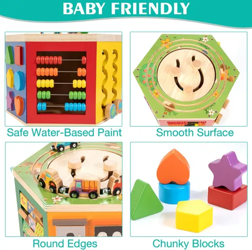 Miniatura 11 de Cubo de actividades grande, centro de juego de madera con temática de granja 9 en 1, juguete Montessori multiusos para bebés, niños pequeños y niños