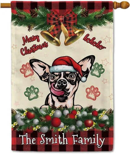 Miniatura 26 de Bandera de jardín de Navidad de 12.5 x 18 pulgadas, anillo de bola de Navidad para perro chihuahua, campana, corona, bandera de búfalo rojo, a
