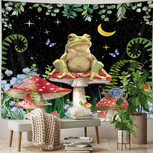 Miniatura 8 de JAWO Tapiz bohemio de hongos de rana, estrellas de luna para colgar en la pared, divertida decoración de casa de campo para dormitorio, sala
