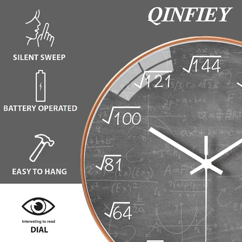 Miniatura 3 de QINFIEY Reloj de pared de matemáticas de 12 pulgadas, silencioso, sin tictac, movimiento de cuarzo de calidad, reloj de pared para decoración de Gris