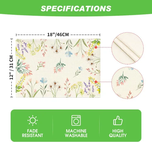 Miniatura 7 de Artoid Mode Juego de 4 manteles individuales florales de verano de 12 x 18 pulgadas, manteles individuales de primavera de temporada para fiestas
