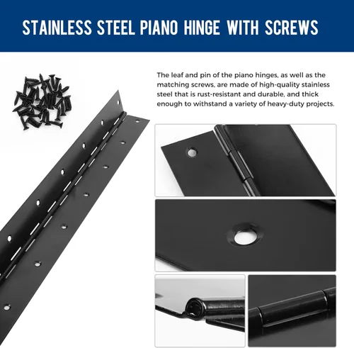 Miniatura 3 de Paquete de 2 bisagras de piano resistentes de 12 x 3 pulgadas, verdadero 0.060 pulgadas de grosor, bisagra continua de acero inoxidable negro