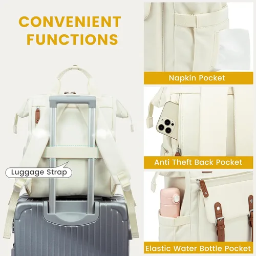 Miniatura 4 de Mochila para computadora portátil para mujer, mochila de viaje para trabajo, viajes y viajes, bolsas escolares universitarias, Beige-Marrón, 17,3
