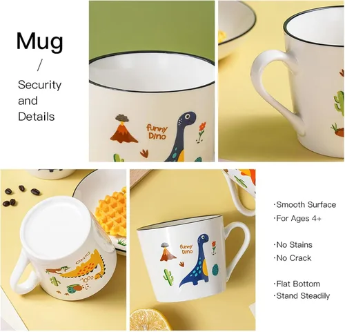 Miniatura 5 de Juego de 4 tazas de cerámica de dinosaurio de 13 onzas, tazas de dinosaurio para regalos, lindas tazas de porcelana de dibujos animados para leche