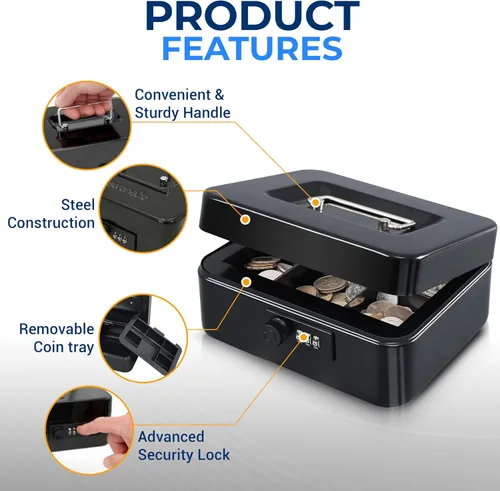 Miniatura 6 de Serenelife Caja de metal de 8 pulgadas con cerradura Caja de seguridad para efectivo con bandeja de dinero 5 cajones con cerradura Bandeja