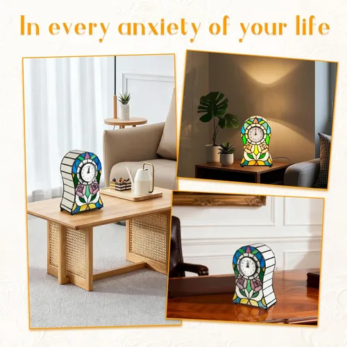 Miniatura 7 de Lámpara estilo Tiffany con estampado de rosas Pequeña lámpara de vitral, lámpara de reloj creativo, decoración para sala de estar, salón, comedor
