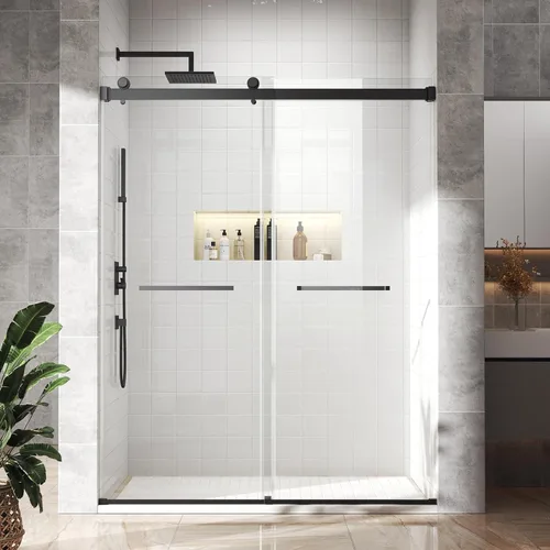 Puerta de ducha doble deslizante de 44"-48" de ancho x 76" de alto, vidrio templado transparente sin marco de 5/16" (8mm) con revestimiento Nano