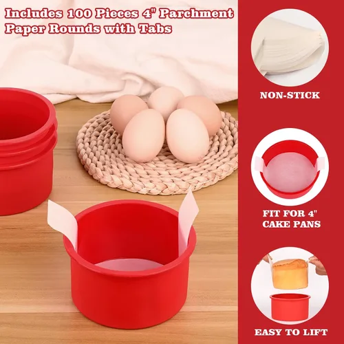 Miniatura 5 de HUAKENER Molde para pasteles de 4 pulgadas, paquete de 4 moldes de silicona para pasteles con 100 piezas de papel pergamino, molde redondo
