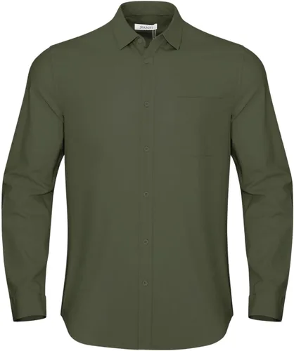 Miniatura 2 de JEKAOYI - Camisas de lino con botones para hombre, de manga larga, ajuste regular, de algodón, camisas de playa con bolsillo