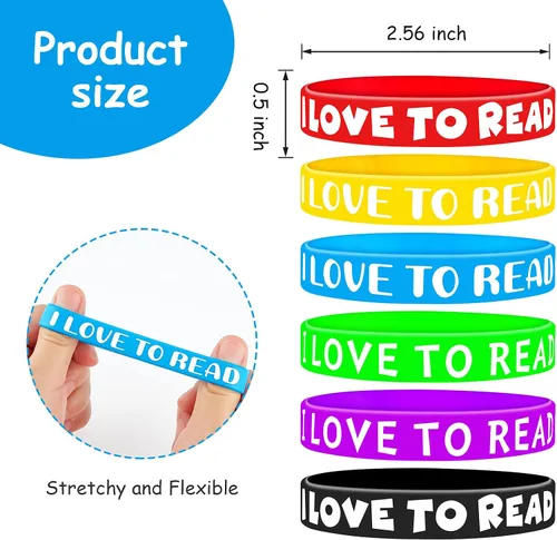 Miniatura 3 de WILLBOND Pulsera de goma motivacional con texto en inglés "I Love to Read", pulseras de silicona coloridas para recompensas de aula, premios