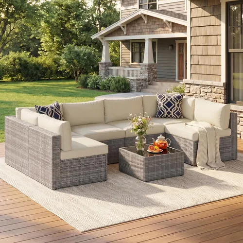 May in Color Juego de 7 muebles de mimbre para patio al aire libre, sofá seccional de patio con mesa auxiliar, muebles seccionales para todo tipo de