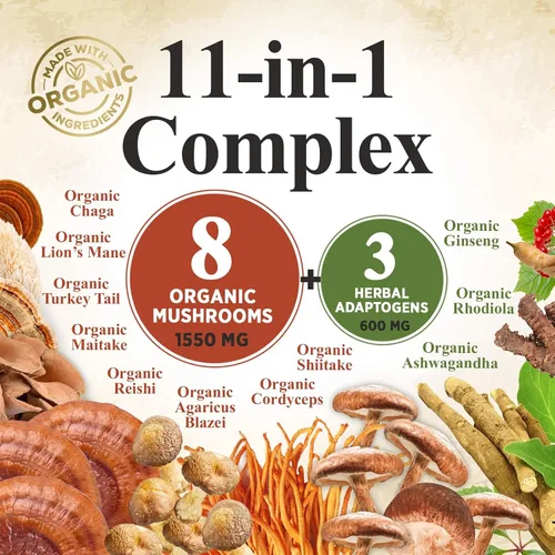 Miniatura 3 de Suplemento en polvo de hongos – Mezcla 11 en 1 – Melena de león orgánica, Reishi, Cordyceps, Chaga, polvo de extracto de hongo de cola de pavo