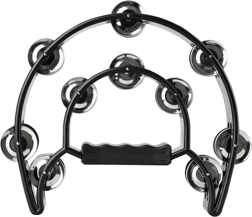 Miniatura 8 de Pandereta de Doble Fila con Cascabeles de Metal, Instrumento de Percusión de Mano en Forma de Media Luna para Adultos y Niños, Fiestas, KTV, Negro