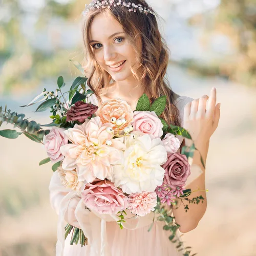 Miniatura 2 de AmyHomie - Juego de flores artificiales color rosa pálido y champán, flores de seda falsas, peonías, rosas con tallo para bricolaje, ramos de boda