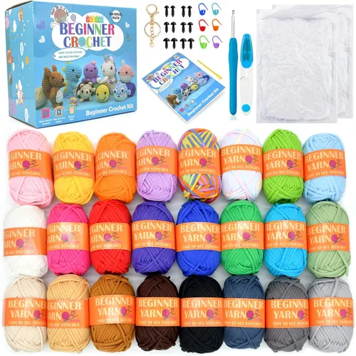 Paquete de 24 hilos de ganchillo para principiantes, color azul, verde, rosa, morado, amarillo, arco iris, algodón fácil de ganchillo para tejer, 24