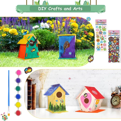Miniatura 5 de ILHSTY Paquete de 6 casas de pájaros grandes de bricolaje para niños, manualidades para niños, casas de madera para manualidades, fiestas de clase