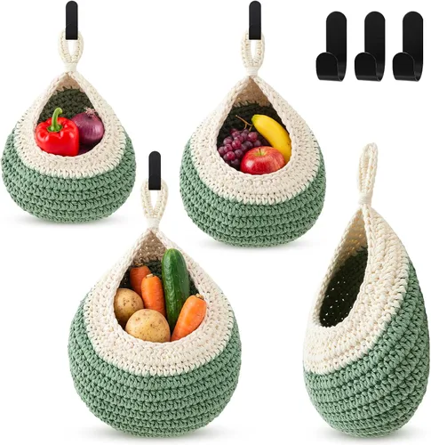 Miniatura 11 de Honeydak Cestas colgantes de pared bohemias para cocina, paquete de 3 cestas de lágrima con ganchos, almacenamiento de frutas, cebollas, verduras