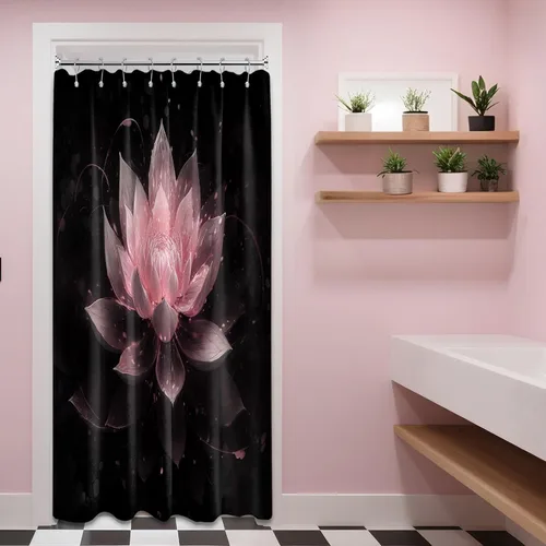 Miniatura 55 de Cortina de ducha con flores de loto negro y azul para decoración de baño, juego de cortinas decorativas de baño con estampado floral, tela