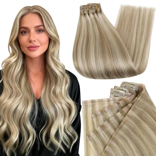 Miniatura 31 de Full Shine Extensiones de cabello humano con pinzas, cabello humano Remy invisible para mujer, color rubio platino, 20 pulgadas, 8 unidades, 4.23 oz