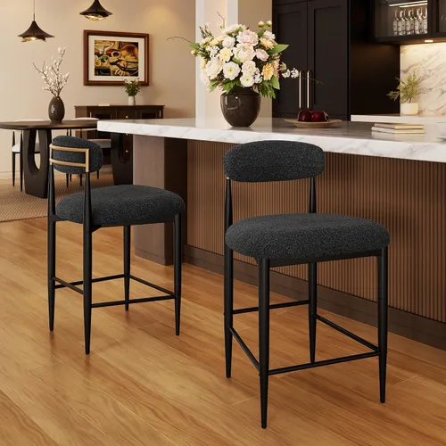Miniatura 17 de Morden Fort Juego de 2 taburetes de bar de altura de mostrador, modernos taburetes tapizados con respaldo alto y patas de metal negro, sillas