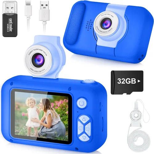 Miniatura 16 de ARNSSIEN Cámara para niños, cámara digital de juguete para niños pequeños con lente abatible de 180°, pantalla IPS de 2.4 pulgadas, tarjeta de 32