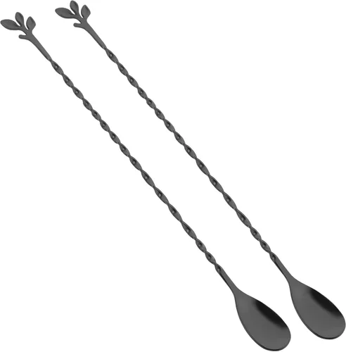 AnSaw Cuchara de cóctel negra de acero inoxidable de 12 pulgadas con mango de hojas, perfecta para mezclar y poner en capas bebidas en tazas altas,