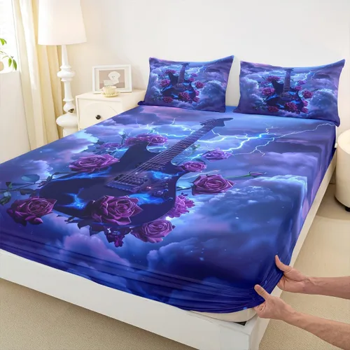 Miniatura 72 de Castle Fairy Juego de sábanas de botas de vaquero, tamaño individual, juego de ropa de cama de guitarra musical bohemia de 3 piezas para niños