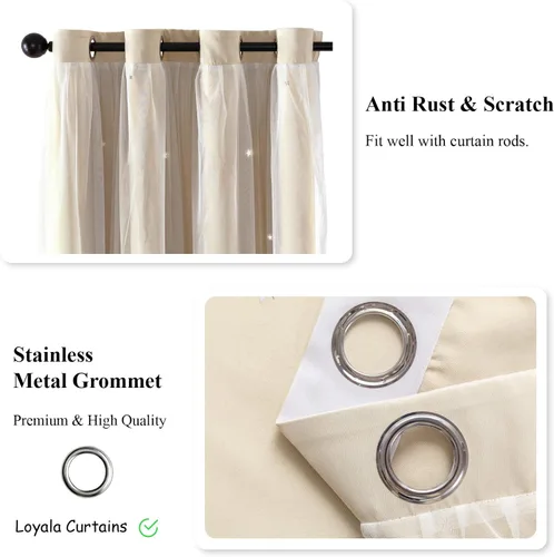 Miniatura 4 de Loyala Cortinas opacas de doble capa con diseño de estrellas para dormitorio de niños, bonitas, 63 pulgadas de largo, juego de 2 paneles, beige, 42